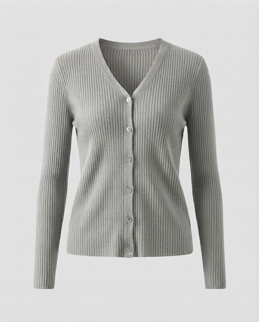 Damen Feiner gerippter V‑Neck-Cardigan aus Kaschmir‑Optik mit stretchiger Rippstruktur und Perlmuttknöpfen Echoarchiv
