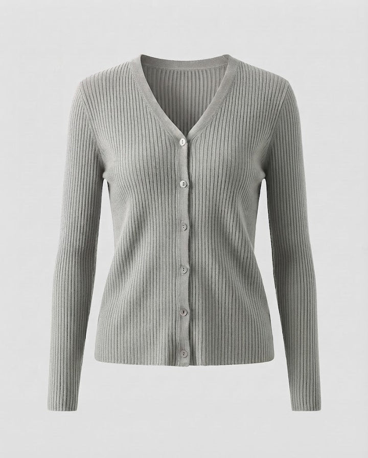 Damen Feiner gerippter V‑Neck-Cardigan aus Kaschmir‑Optik mit stretchiger Rippstruktur und Perlmuttknöpfen Echoarchiv