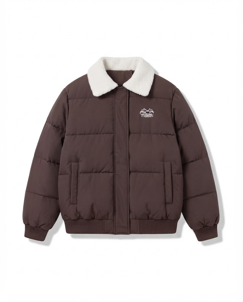 Damen städtischer boxy Puffer mit Sherpa-Schalkragen, gestepptem Quadratmuster und elastischen Rippbündchen