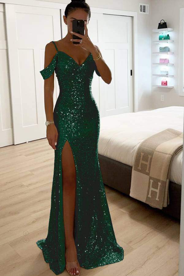 Echoarchiv | Paillettenspitze Meerjungfrau Abschlussballkleider mit Schlitz Off-Shoulder Abendkleid