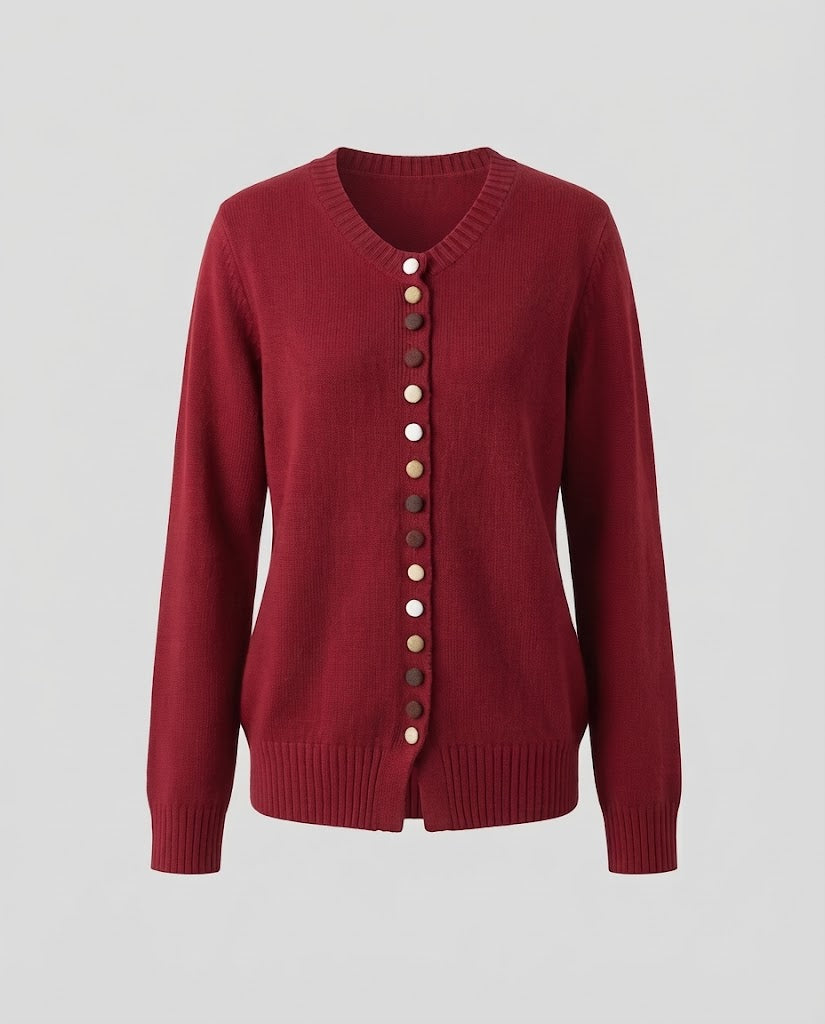 Damen Feiner V-Ausschnitt-Cardigan mit mehrfarbigen Zierknöpfen und geripptem Saum Echoarchiv