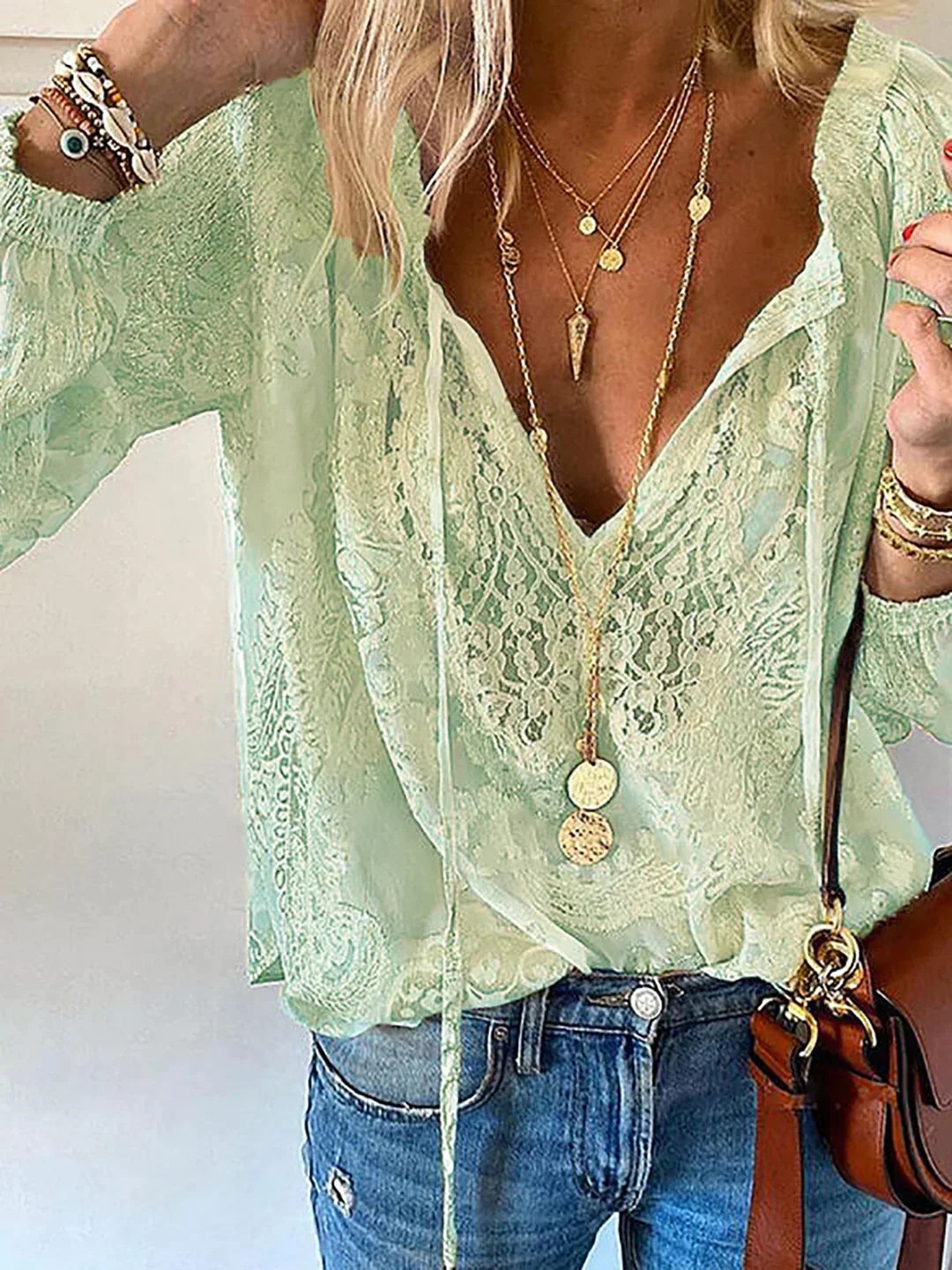 Echoarchiv | V-Ausschnitt Spitzen Chiffon Bluse