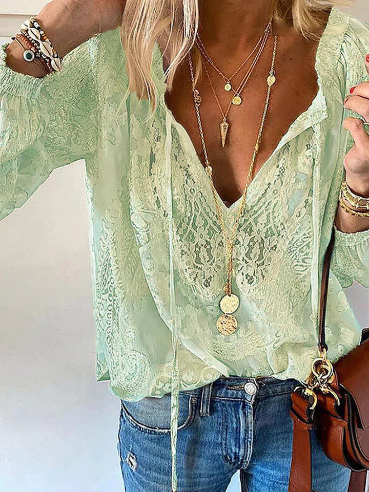 Echoarchiv | V-Ausschnitt Spitzen Chiffon Bluse