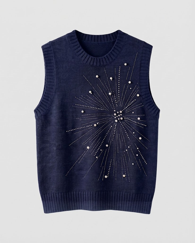 Damen Ärmellose Feinstrickweste mit Perlen- und Strass-Sonnenmotiv Echoarchiv
