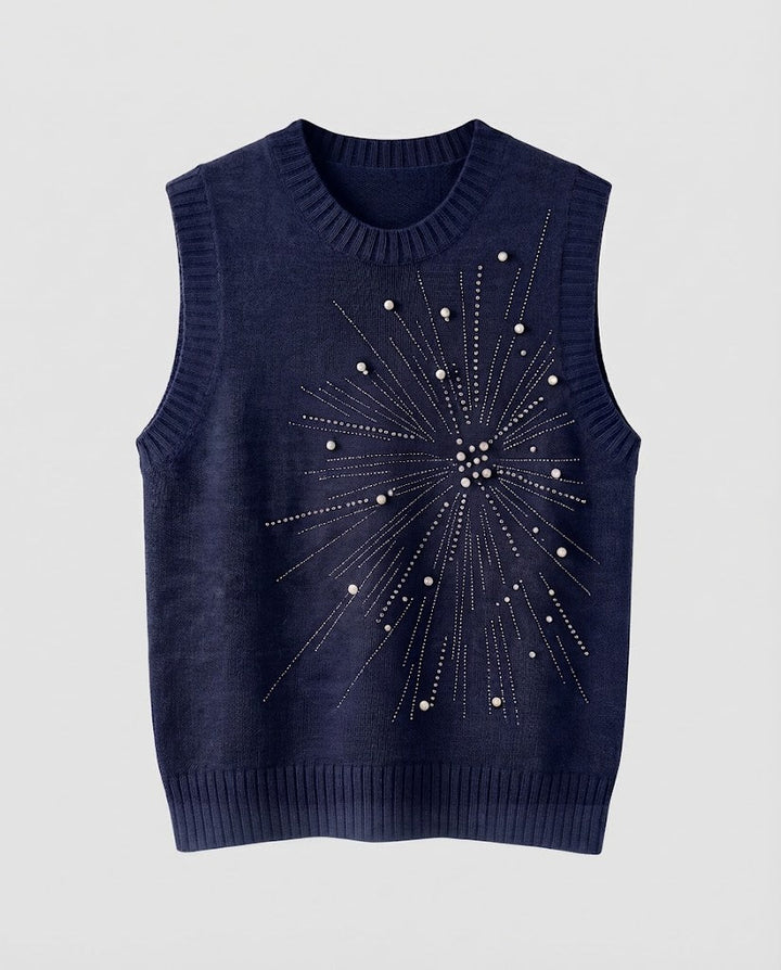 Damen Ärmellose Feinstrickweste mit Perlen- und Strass-Sonnenmotiv Echoarchiv