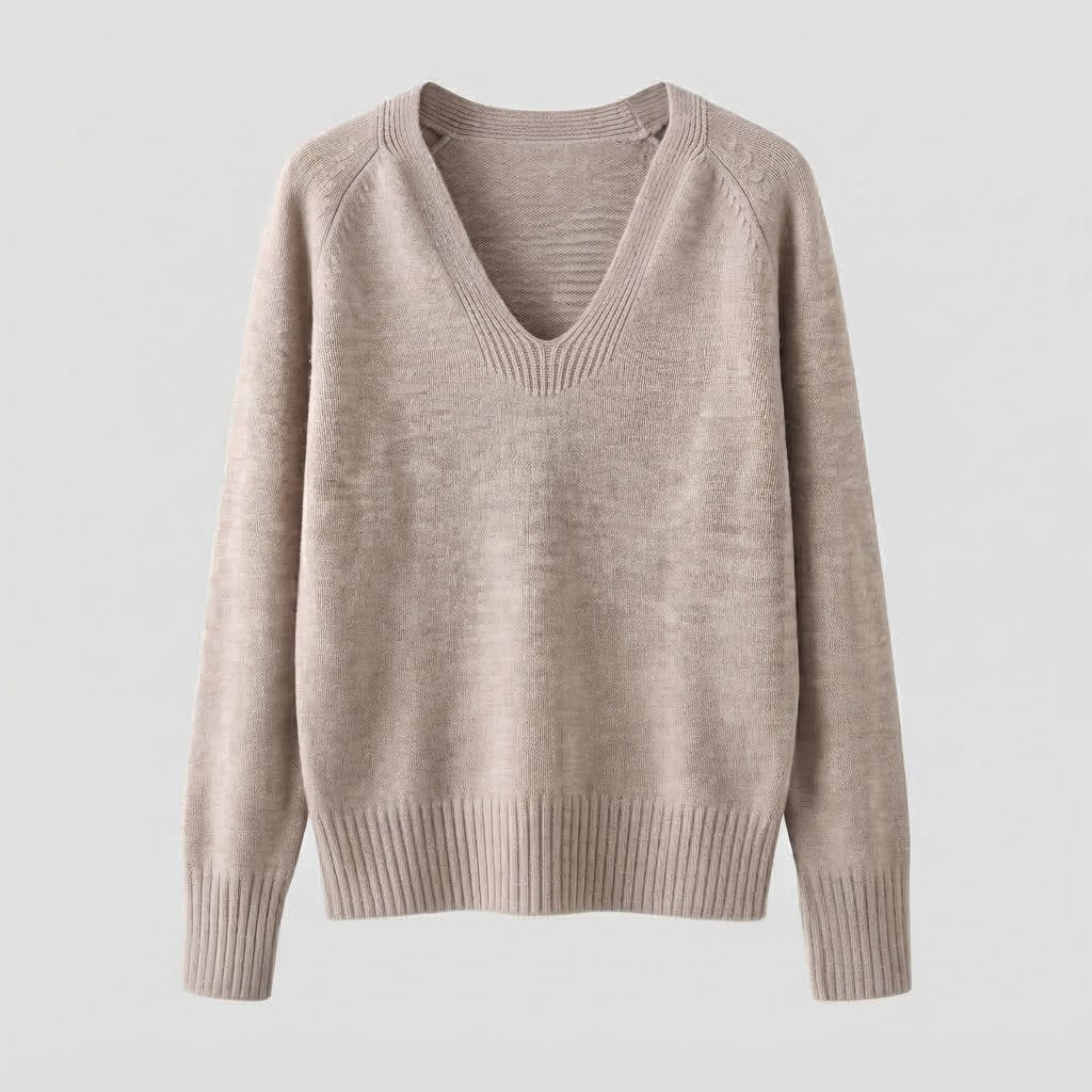 Damen feiner Strickpullover mit weichem V-Ausschnitt, leichter Oversized-Silhouette und gerippten Bündchen Echoarchiv