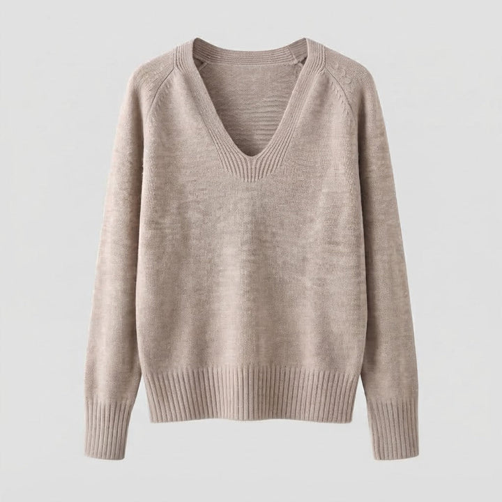 Damen feiner Strickpullover mit weichem V-Ausschnitt, leichter Oversized-Silhouette und gerippten Bündchen Echoarchiv