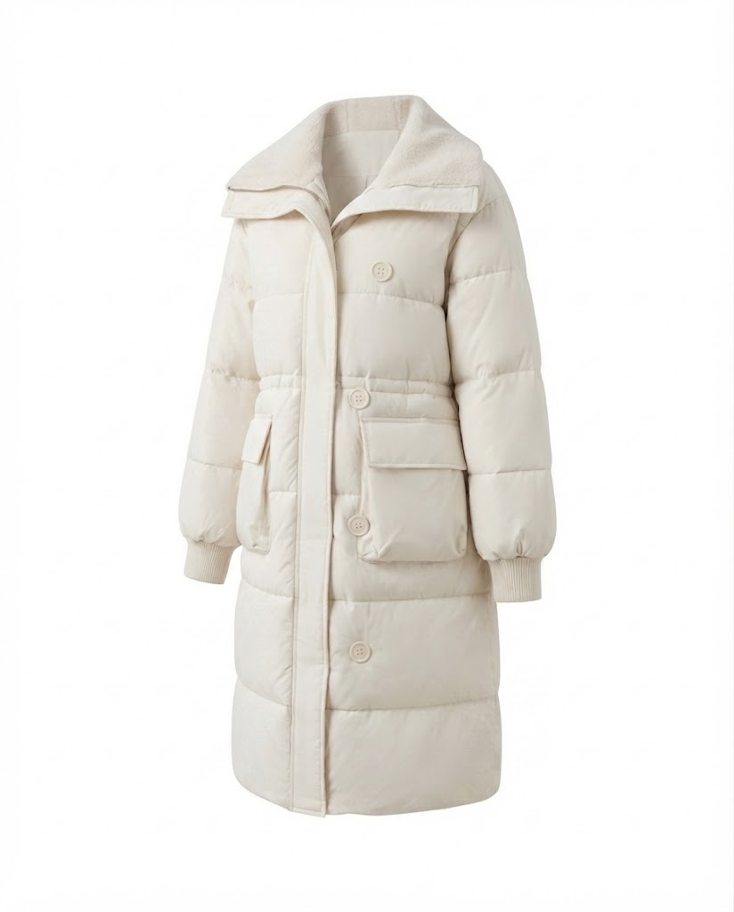 Damen langer gepolsterter Mantel mit Sherpa-Schalkragen, Taille mit Kordelzug und großen Klappentaschen