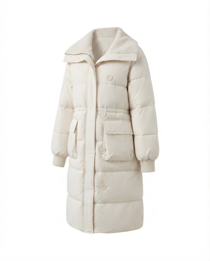Damen langer gepolsterter Mantel mit Sherpa-Schalkragen, Taille mit Kordelzug und großen Klappentaschen