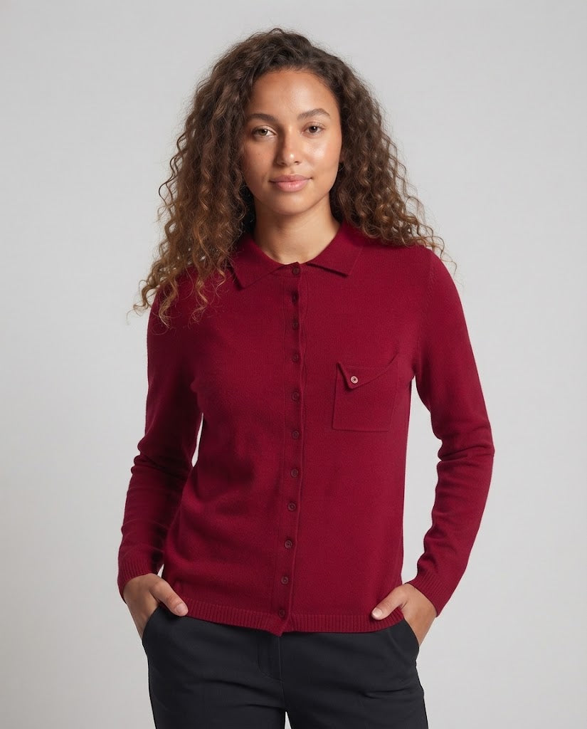 Damen Feinstrick-Cardigan mit Polokragen, 3/4-Arm und dezenter Brusttasche Echoarchiv