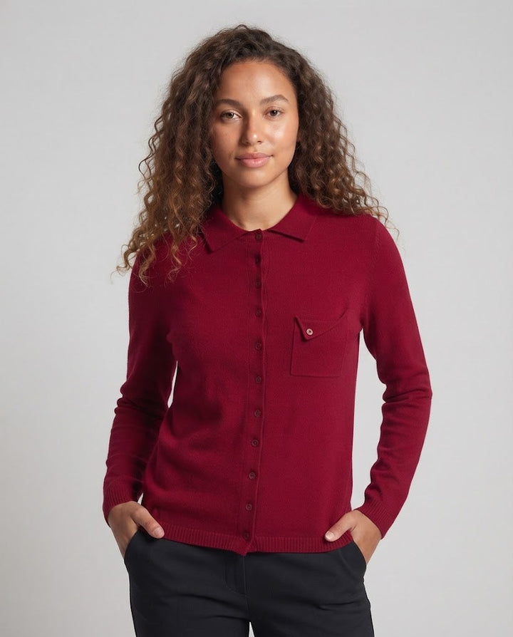 Damen Feinstrick-Cardigan mit Polokragen, 3/4-Arm und dezenter Brusttasche Echoarchiv