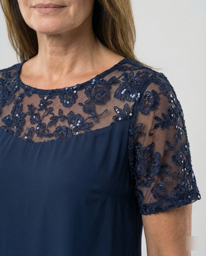 Damen Elegantes Schichtkleid mit Spitzenärmel und asymmetrischem Saum Echoarchiv