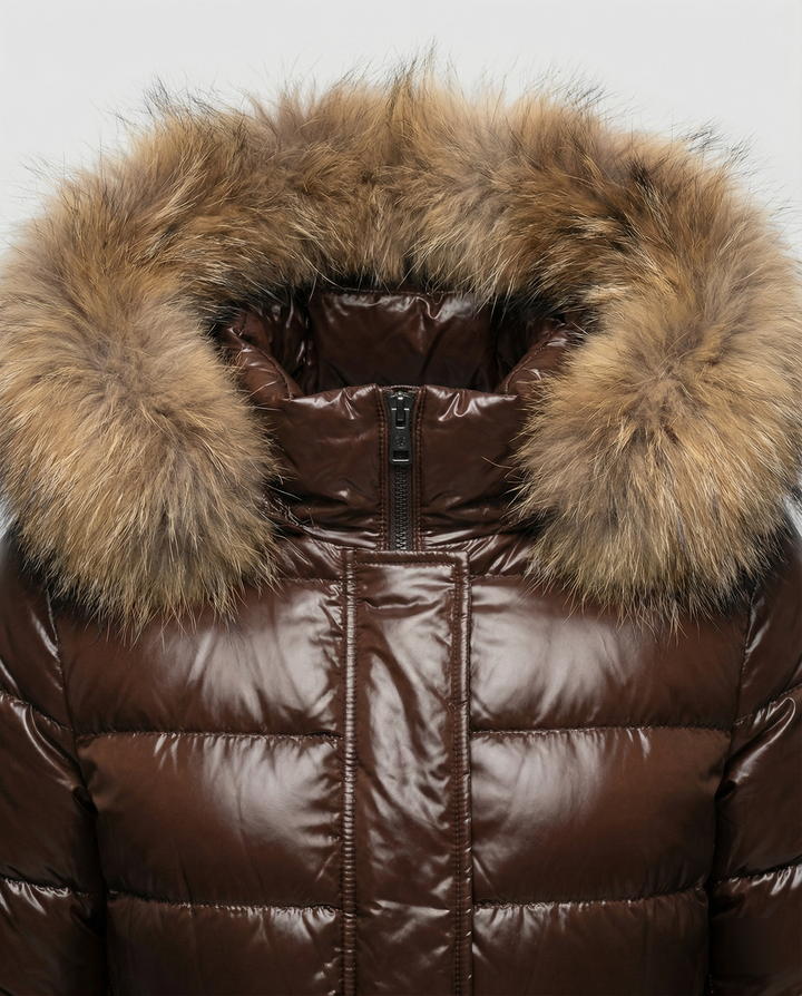 Damen Winterdaunenjacke mit abnehmbarer Kapuze und luxuriösem Fellkragen Echoarchiv