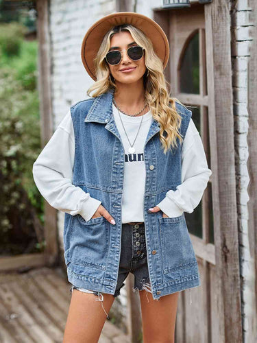Knopf-Front Ärmellose Jeansjacke – Célinea