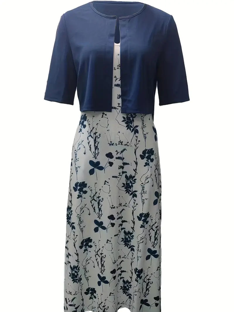 Echoarchiv – elegantes zweiteiliges blumenkleid-set mit einfarbigem crop-top und kleid mit rundhalsausschnitt
