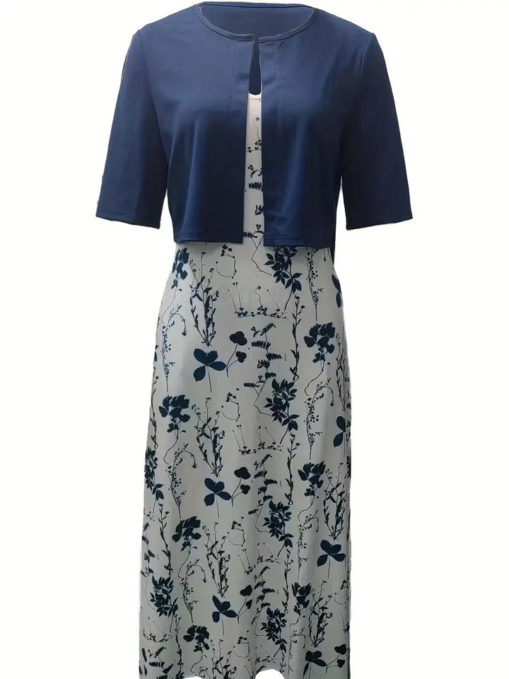 Echoarchiv – elegantes zweiteiliges blumenkleid-set mit einfarbigem crop-top und kleid mit rundhalsausschnitt