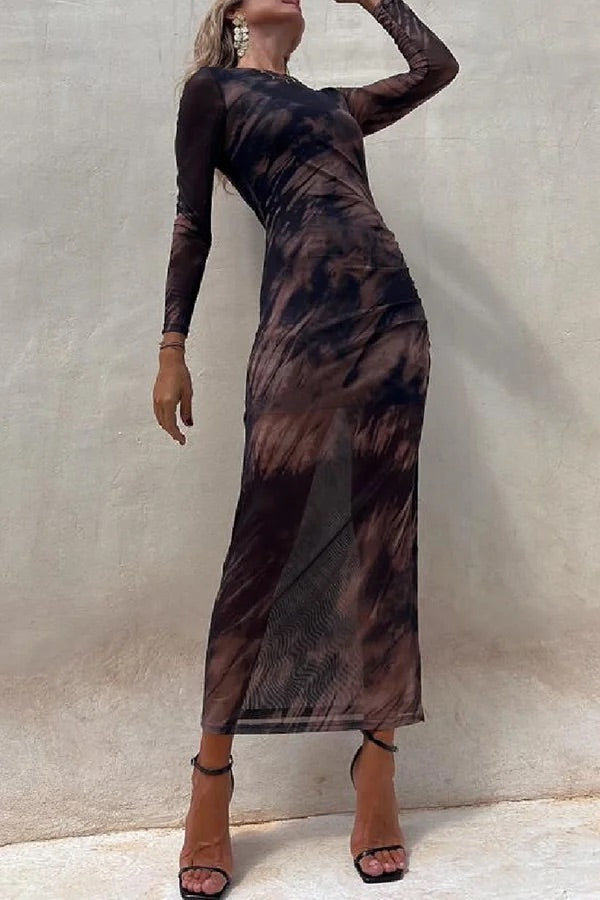 Echoarchiv | Charm Lady Mesh Overlay Tie Dye Print Langarm Rüsch Stretch Midi Kleid