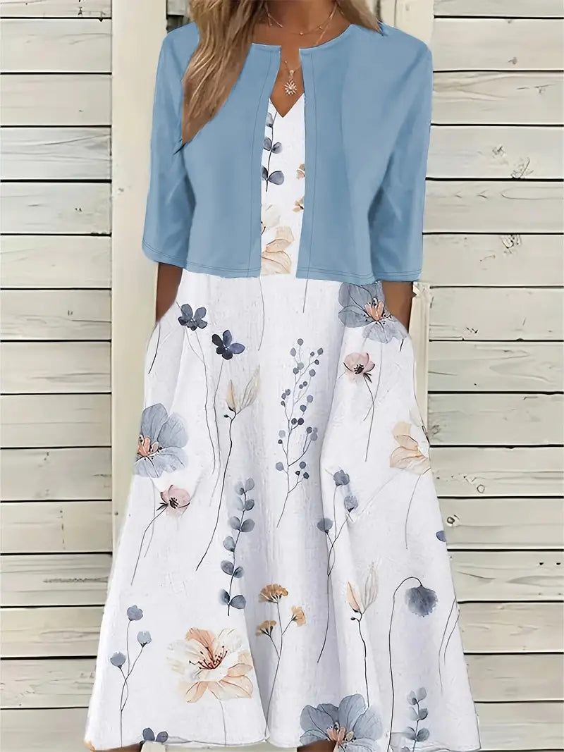 Echoarchiv – elegantes zweiteiliges blumenkleid-set mit einfarbigem crop-top und kleid mit rundhalsausschnitt