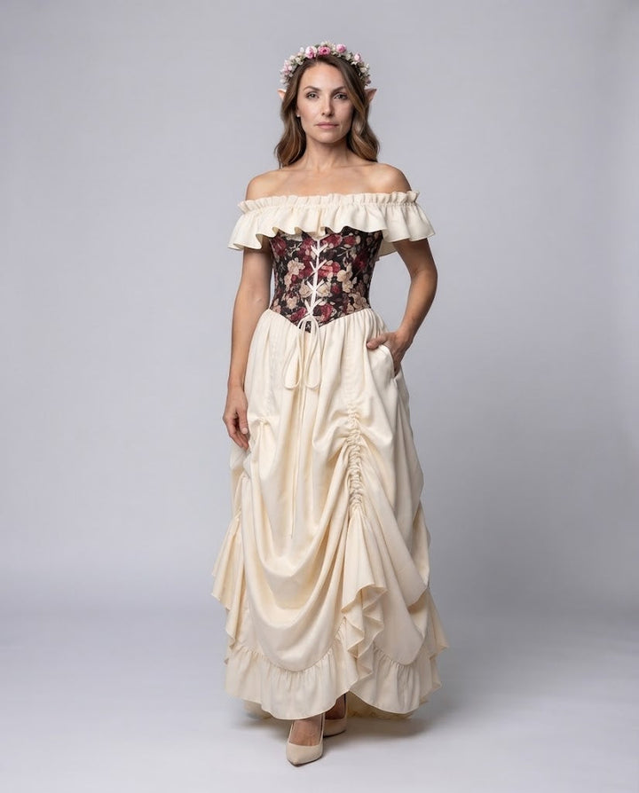 Frauen romantisches Maxi-Kleid mit Rüschen und floralem Oberteil Echo Archiv