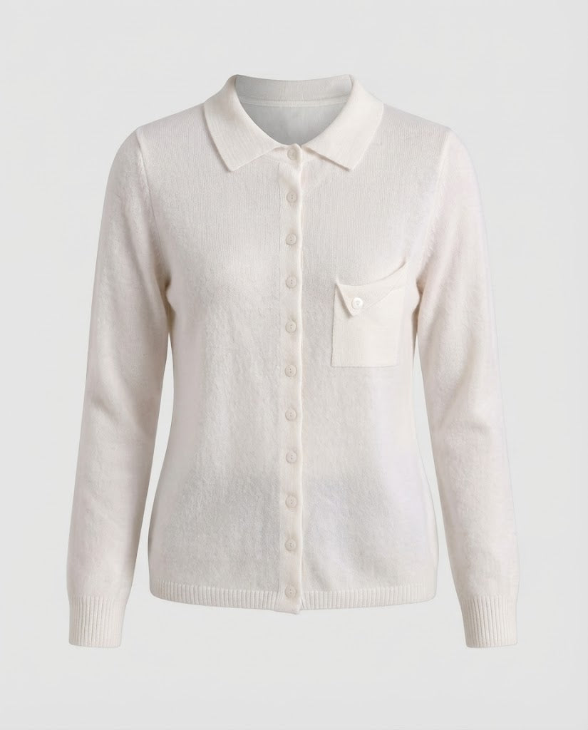 Damen Feinstrick-Cardigan mit Polokragen, 3/4-Arm und dezenter Brusttasche Echoarchiv