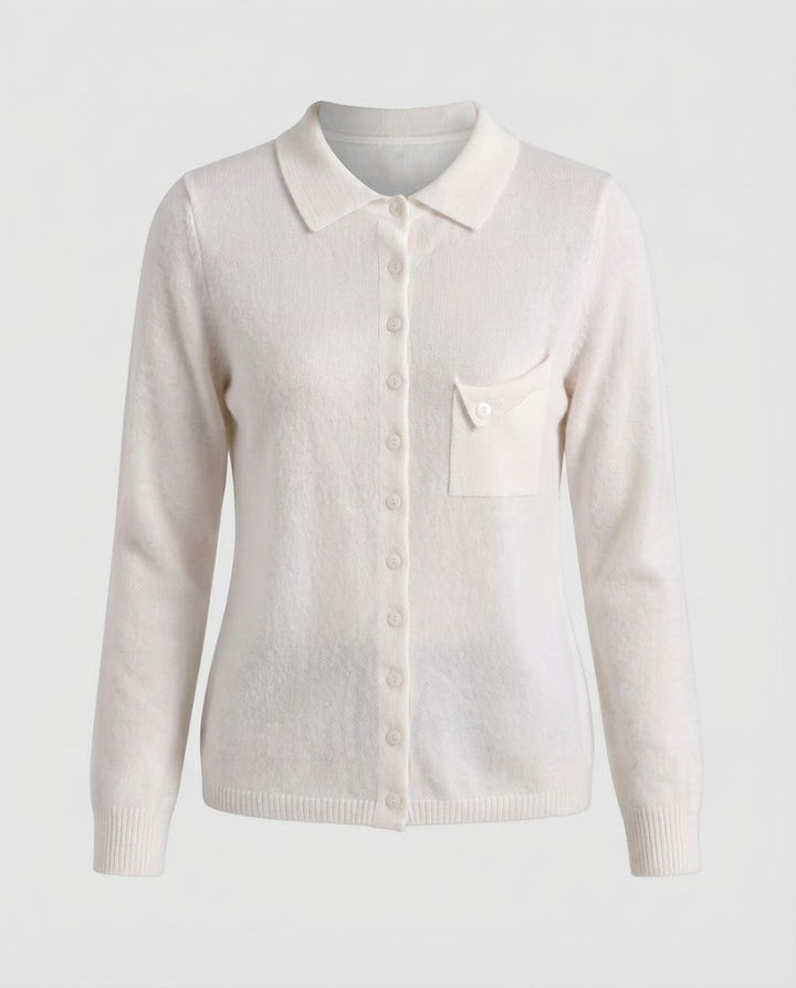 Damen Feinstrick-Cardigan mit Polokragen, 3/4-Arm und dezenter Brusttasche Echoarchiv