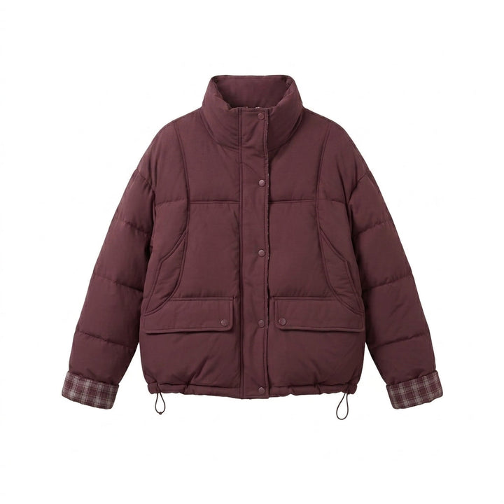 Damen kurze gepolsterte Boxy-Blouson mit kariertem Futter, hohem Kragen und aufgesetzten Klappentaschen