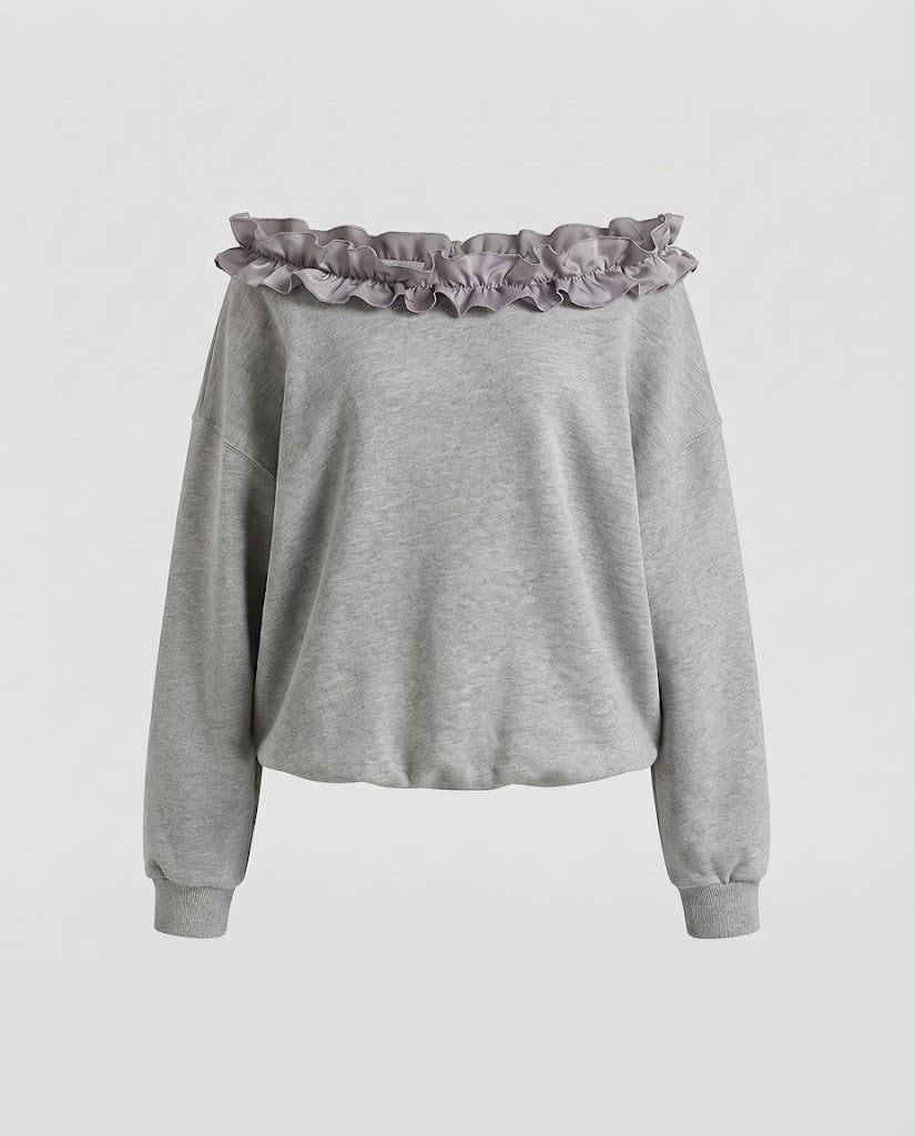 Damen Oversize Off-Shoulder Sweatshirt mit gerafftem Rüschenkragen Echo Archiv