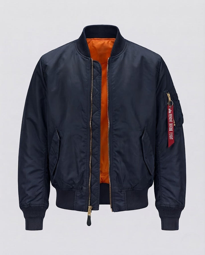 Herren Pilotenbomberjacke im Fliegerstil mit Ärmeltasche und kontrastierendem Innenfutter Echoarchiv