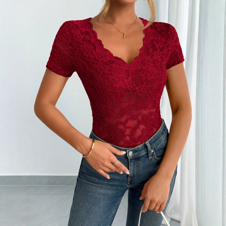 Damen Einfarbig Sexy Spitze V-Ausschnitt Kurzarm – Avérine