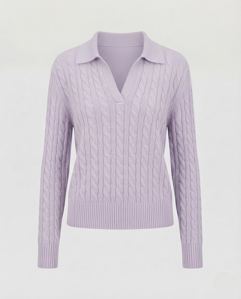 Damen Kabelstrick-Polo-Pullover mit V-Ausschnitt und weicher Feinstrick-Qualität Echoarchiv