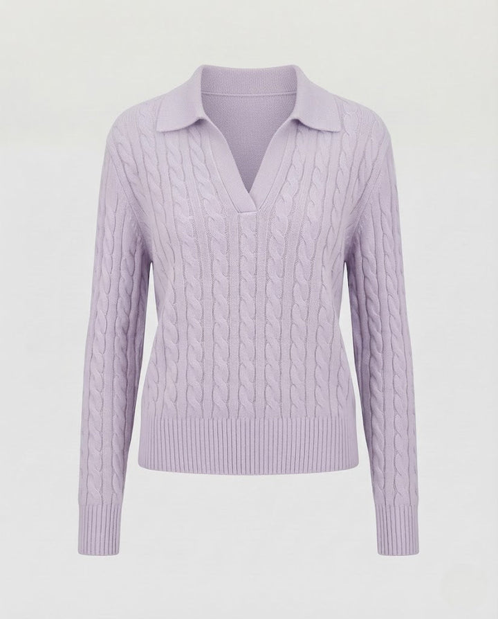 Damen Kabelstrick-Polo-Pullover mit V-Ausschnitt und weicher Feinstrick-Qualität Echoarchiv