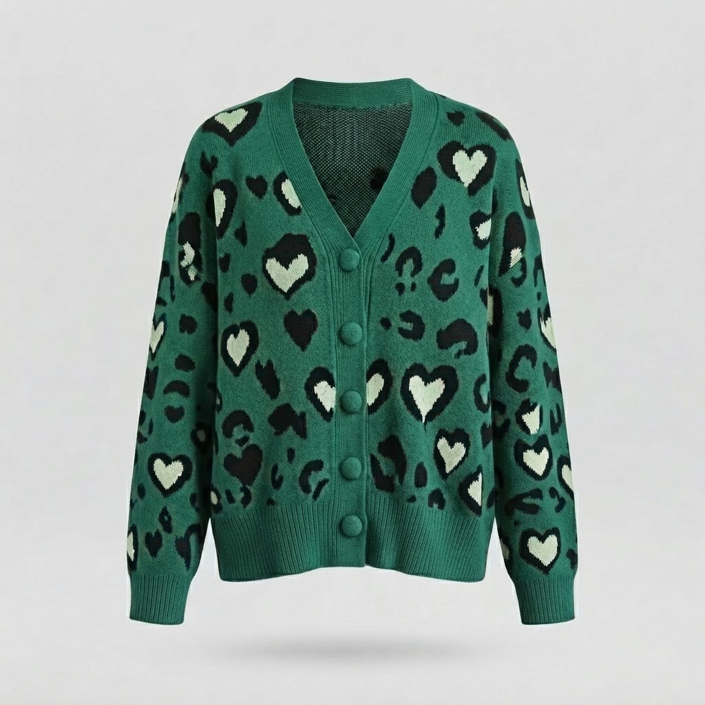 Damen Oversize Strickcardigan mit Herz-Leopardenmuster und V-Ausschnitt Echo Archiv