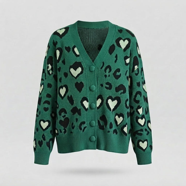Damen Oversize Strickcardigan mit Herz-Leopardenmuster und V-Ausschnitt Echo Archiv