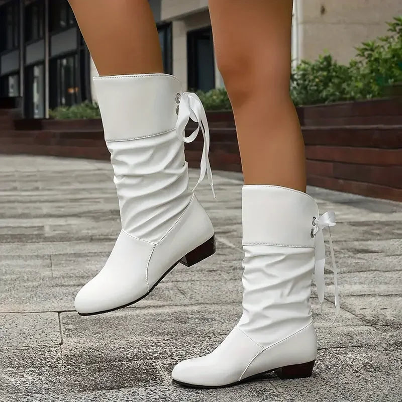 Damenmode Schnürung Chunky Heel Stiefel Bis Zur Wade – Lioré