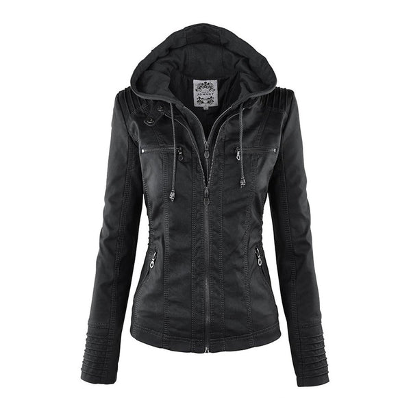 Echoarchiv | Doppellagige Lederjacke mit Kapuze - Warmer und Stilvoller Damenmantel