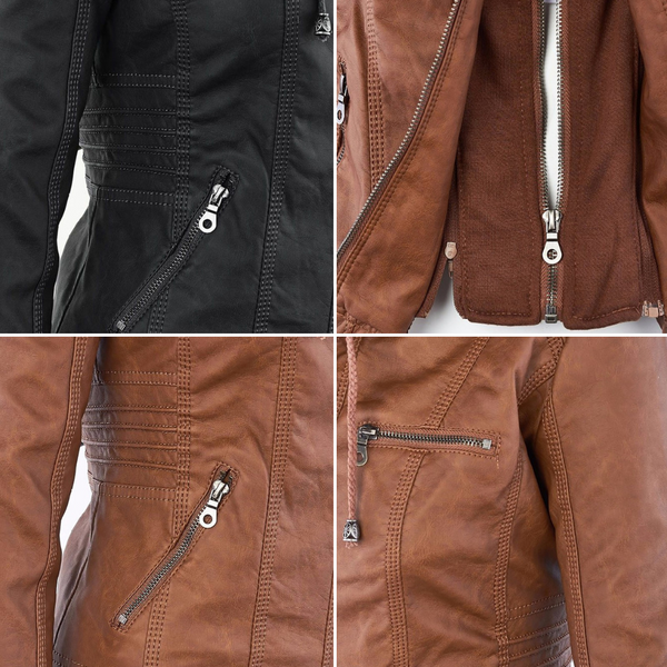 Echoarchiv | Doppellagige Lederjacke mit Kapuze - Warmer und Stilvoller Damenmantel