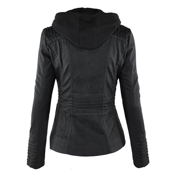 Echoarchiv | Doppellagige Lederjacke mit Kapuze - Warmer und Stilvoller Damenmantel
