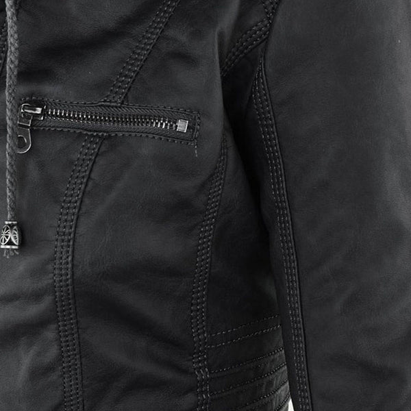 Echoarchiv | Doppellagige Lederjacke mit Kapuze - Warmer und Stilvoller Damenmantel