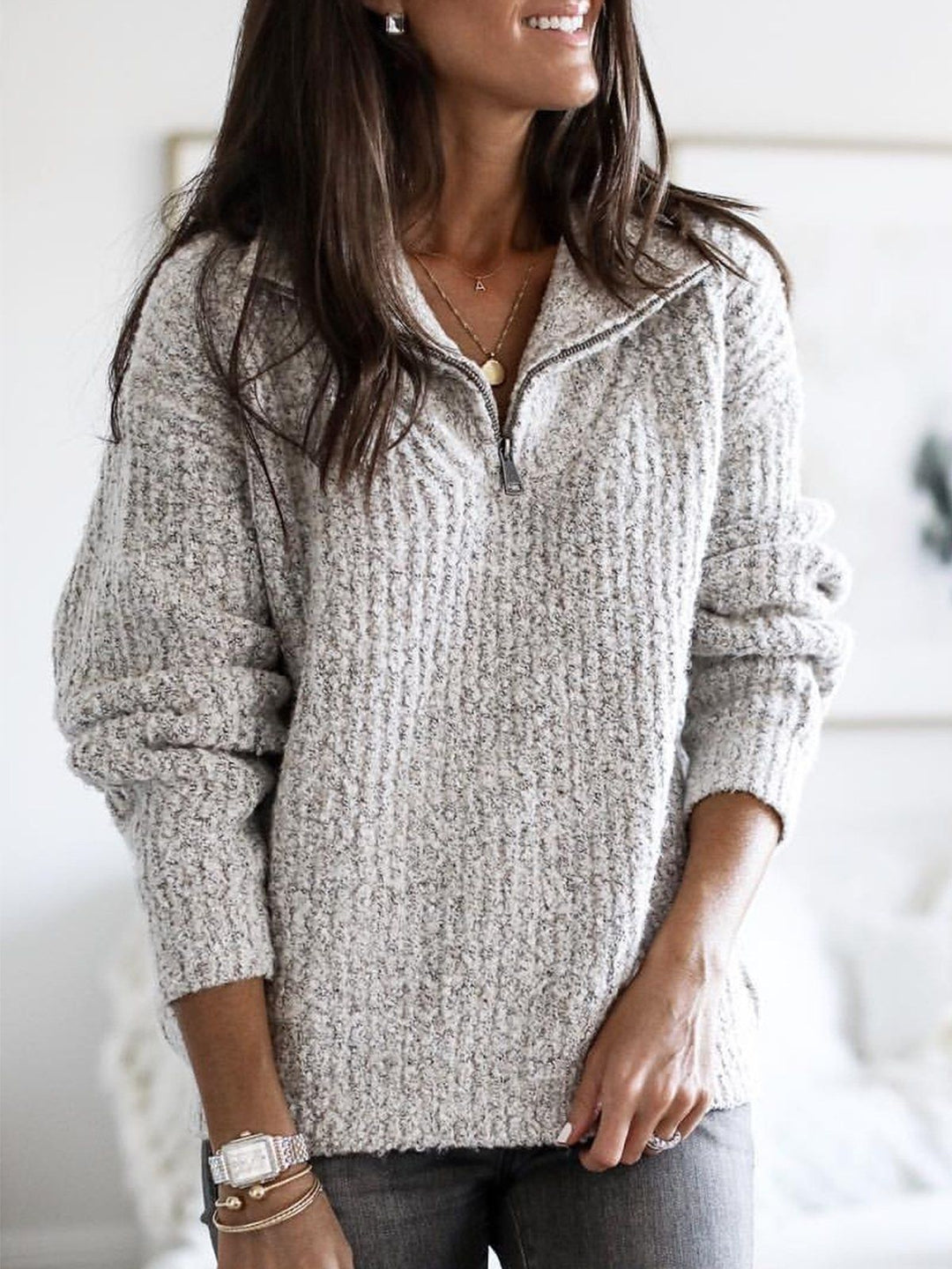 Echoarchiv | Pullover - Damen Herbst Halbzipper Texturiertes Strick-Pullover