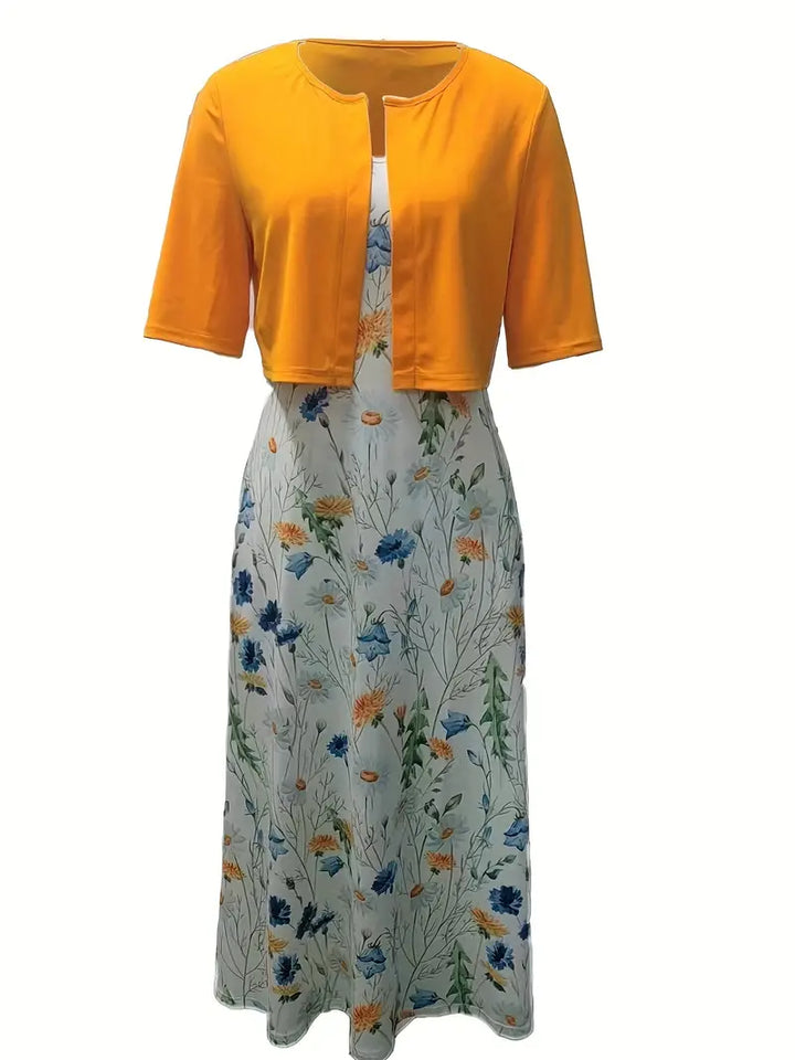 Echoarchiv – elegantes zweiteiliges blumenkleid-set mit einfarbigem crop-top und kleid mit rundhalsausschnitt