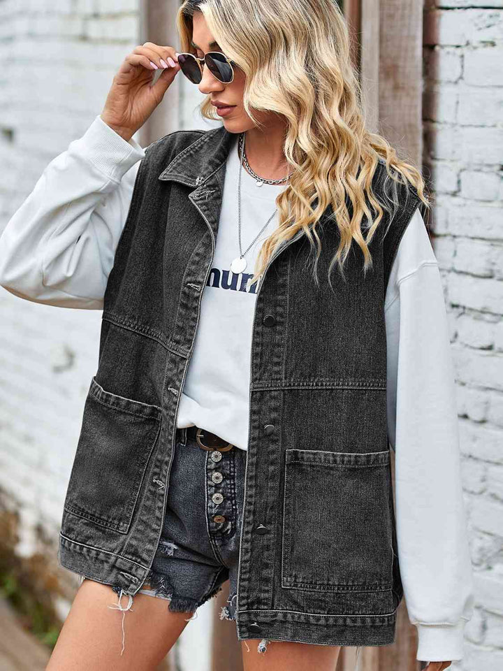 Knopf-Front Ärmellose Jeansjacke – Célinea