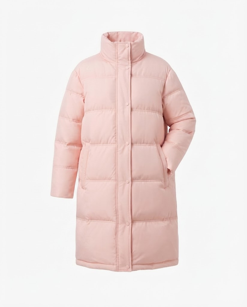Damen langgeschnittene gesteppte Thermojacke mit Kapuze, Zwei-Wege-Reißverschluss und seitlichen Reißverschlussöffnungen