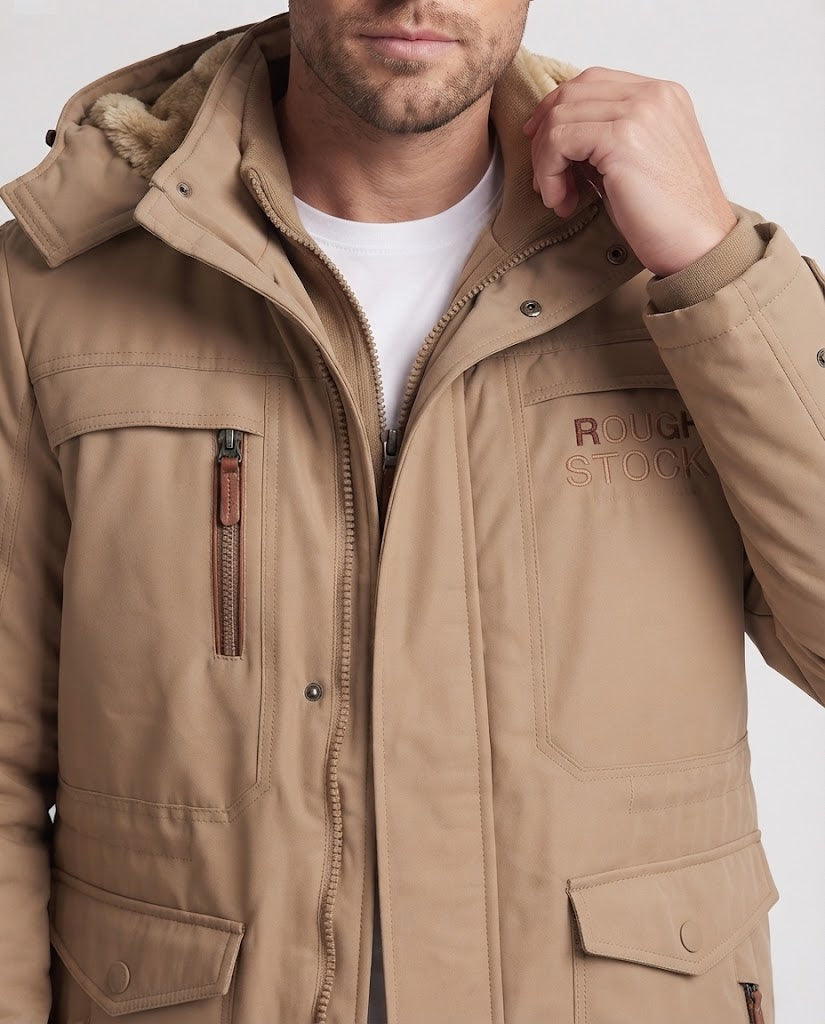 Herren gefütterte Canvas-Outdoorjacke mit Teddy-Innenfutter, verstärkten Taschen und hohem Kragen Echoarchiv