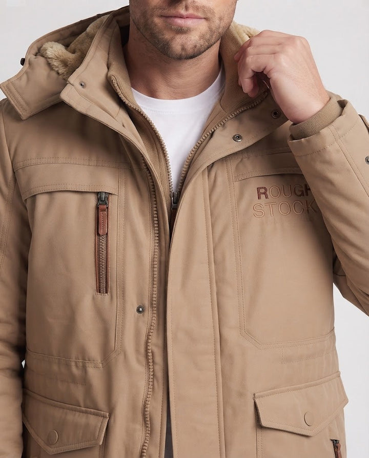 Herren gefütterte Canvas-Outdoorjacke mit Teddy-Innenfutter, verstärkten Taschen und hohem Kragen Echoarchiv