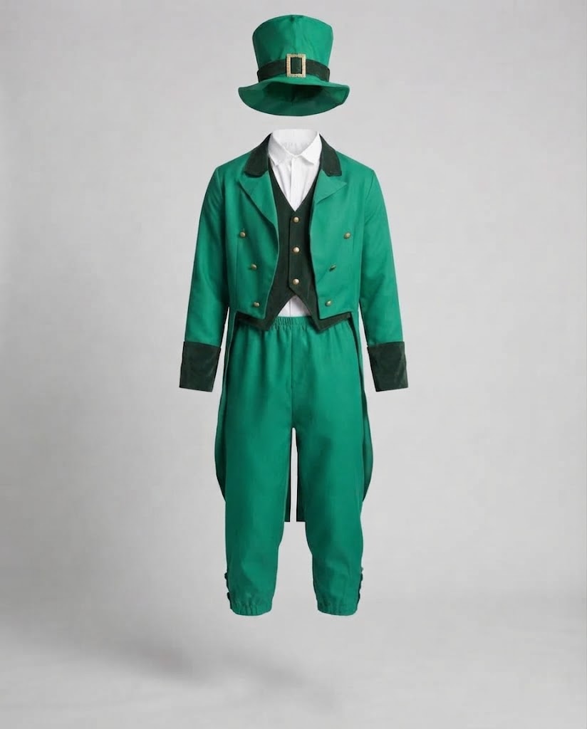 Herren elegantes Leprechaun-Kostüm mit fröhlichem Hut und detaillierter echo-archiv-Jacke Echo Archiv