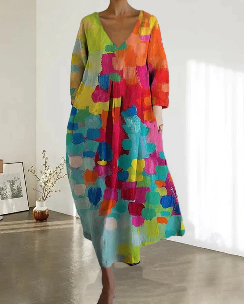 Echoarchiv | Bunt Bedrucktes Kleid Mit V-Ausschnitt