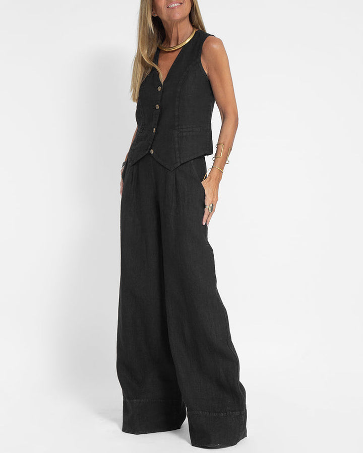 Echoarchiv | Elegantes 2-Teiliges Set Leinen Weite Hose & Weste