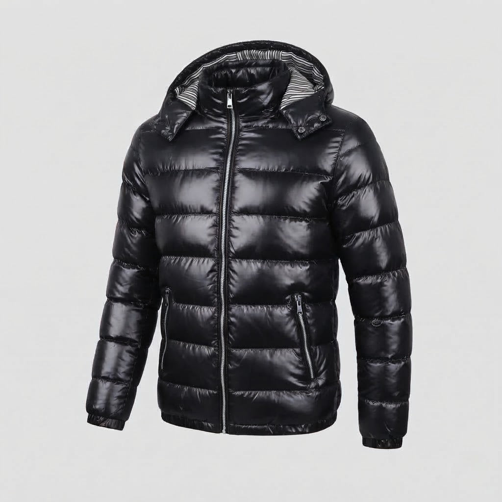 Herren Glänzende Steppjacke mit Kapuze, Gestreiftem Innenfutter & Kontrastreißverschlüssen Echoarchiv