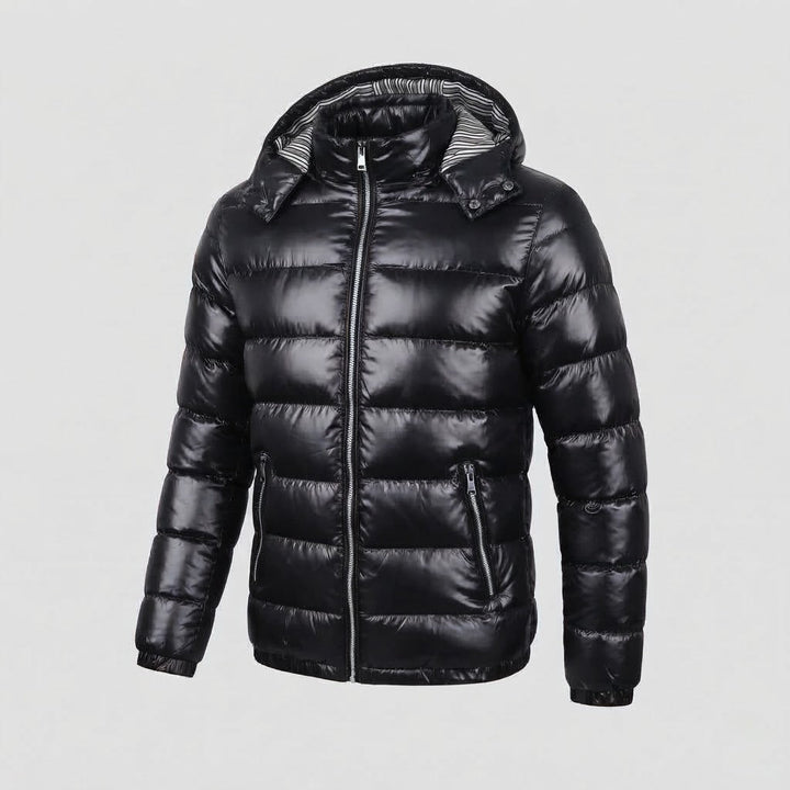 Herren Glänzende Steppjacke mit Kapuze, Gestreiftem Innenfutter & Kontrastreißverschlüssen Echoarchiv