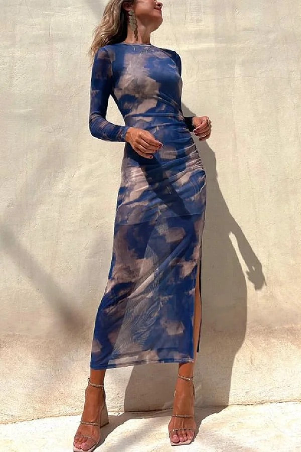 Echoarchiv | Charm Lady Mesh Overlay Tie Dye Print Langarm Rüsch Stretch Midi Kleid